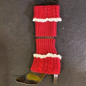 Red Knit Boot Cuffs with Lace Trim